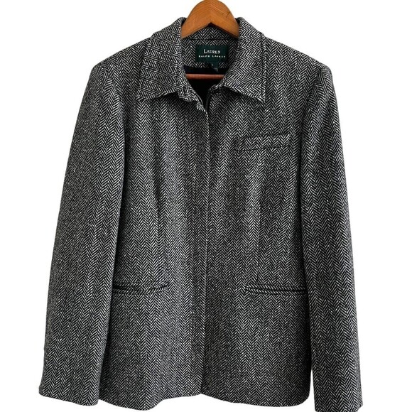 Ralph Lauren Wool Herringbone blazer Zip Front Blazer Jacket Size 12 old money - Picture 1 of 16